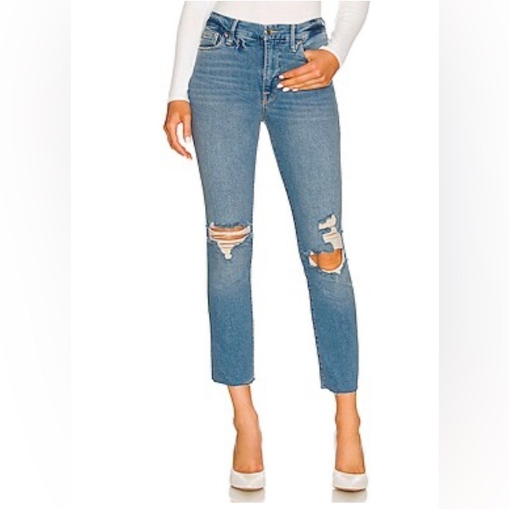 NWT Good American Good Legs Straight Jeans Distressed Indigo033 Women’s Sz 6/28
